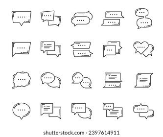 Globo de diálogo, iconos de la línea de burbuja de chat del cuadro de diálogo de voz, mensaje vectorial que habla texto. Las burbujas de charla dibujan iconos para el diálogo o la conversación de comunicación, las nubes de conversación de voz de línea delgada