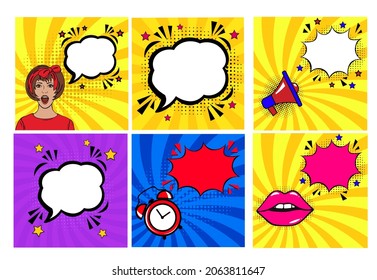 Dialogue balloon comic concentrated line. Retro comic blank speech bubbles set on colorful background. Vector illustration, vintage design, pop art style. 