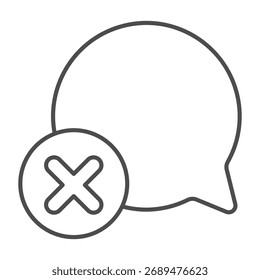 Icono de línea delgada de prohibición de diálogo, concepto de conversaciones. Gráficos de Vector. Diálogo con el Botón cercano, muestra prohibida del artículo en el fondo blanco, icono del estilo del contorno para el móvil o el Diseño web