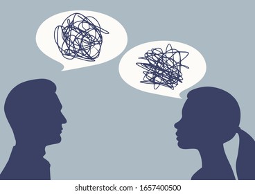 Dialogue between a man and a woman. Silhouettes of people and speech bubbles. Vector illustration