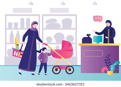 Diálogo entre vendedor y Clientes en supermercado. Cajero musulmán en el Completar compra y el comprador con las mercancías. La familia Arabian compra comestibles en la tienda. Proceso de compra, interior de la tienda. Ilustración vectorial