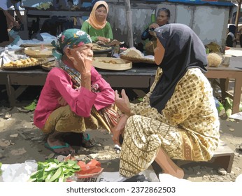 dialogue between two old women in a traditional market for a background design, leaflet, brochure.