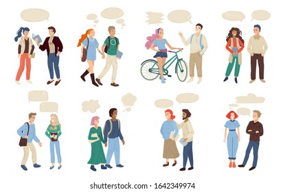 Dialogue between two people. Set of multinational pairs talking each other. Young men and women with speech bubbles. Discussion between friends. Isolated on white background. Vector illustration