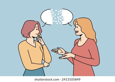 Dialogue between two women gossiping about life and sharing plans for future, standing near speech bubble. Focused woman listening to female friend during dialogue or monologue about personal goals