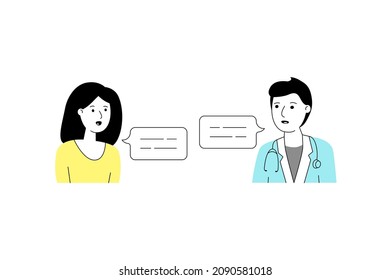 dialogue between a woman and a doctor. concept of advice and help with therapist, communication in healthcare, medicine talk. modern design young characters. isolated color simple sign on white
