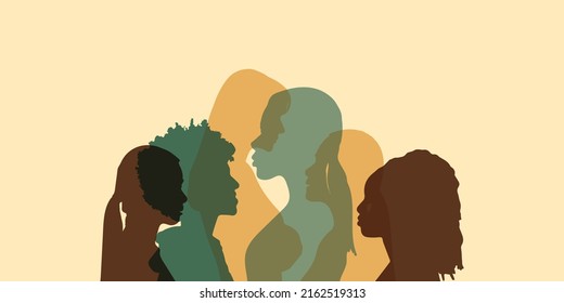 Dialogue between women. Conversation between women. Colored silhouette profiles. Multiple exposure and Women talking. Local and regional culture.