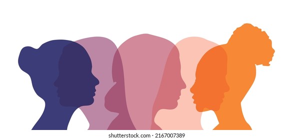 Dialogue between women. Conversation between women. Colored silhouette profiles. Multiple exposure and Women talking. Local and regional culture.