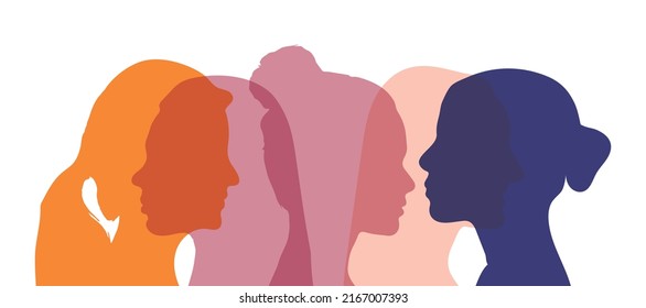 Dialogue between women. Conversation between women. Colored silhouette profiles. Multiple exposure and Women talking. Local and regional culture.