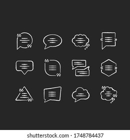 Dialogue box chalk white icons set on black background. Blank speech clouds various shapes. Chat bubbles with quotation marks. Empty textbox. Isolated vector chalkboard illustrations