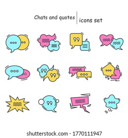Dialogue boxes color icon set.Cartoon style speech bubbles purple, yellow and blue color.Communication, citation and messaging concept.Editable vector illustrations for web, graphic design and ui