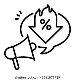 A dialogue bubble with a downward arrow and percentage symbol, alongside a speaker, representing price reduction and discount announcements round line vector icon with editable stroke