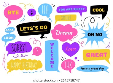 Dialogue bubbles. Expressive speech, comic balloon diverse comment, colorful cloud with phrases. Communication greetings, funny reactions. Social media talk design. Vector quote cartoon isolated set