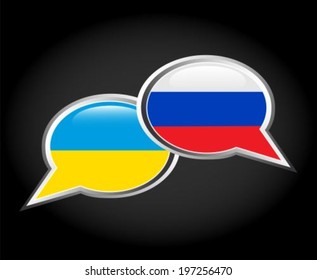 dialogue bubbles painted in the colors of the Russian and Ukrainian flags on a dark background