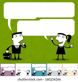 Dialogue. Business cartoon illustration (EPS 10). Animation friendly: the elements (arms, heads etc) are in the separate layers. Seamless pattern on the background (its color can be changed)