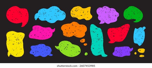Dialogue chalk, talk crayon cloud, speech bubble hand drawn, text box doodle, pencil frame comic shape on blackboard, and colorful brush texture on chalkboard. Cartoon vector illustration