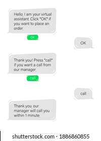 Dialogue with chat bot in web application. Communication with virtual assistant and request for help online vector messenger.