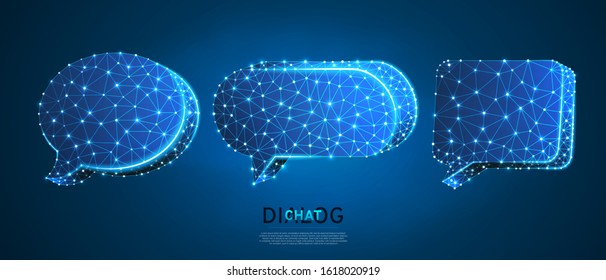 Dialogue, Chat clouds set. Wireframe digital 3d vector illustration. Low poly technology, devices, people communication concept on blue neon background. Abstract polygonal Social Network symbol
