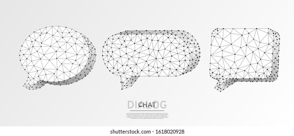 Dialogue, Chat clouds set. Wireframe digital 3d vector illustration. Low poly technology, devices, people communication concept on white origami background. Abstract polygonal Social Network symbol