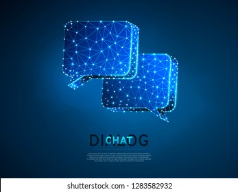 Dialogue, Chat clouds. Wireframe digital 3d illustration. Low poly technology, devices, people communication concept on blue background. Abstract Vector polygonal neon Social Network symbol RGB