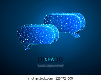 Dialogue, Chat clouds. Wireframe digital 3d illustration. Low poly technology, devices, people communication concept on blue background. Abstract Vector polygonal neon Social Network symbol RGB