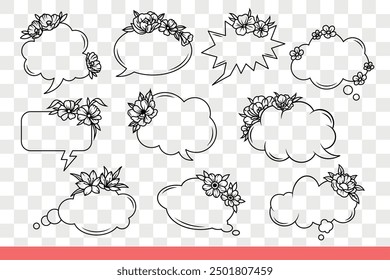 Dialogue clouds decorated with flowers to illustrate direct speech or character commentary and thoughts. Dialogue clouds or bubbles symbolize chatting and exchange of opinions. Hand drawn doodle