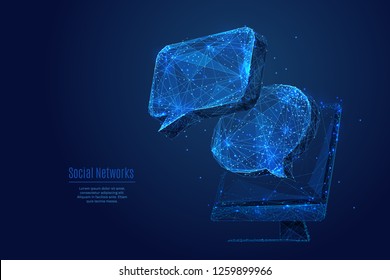 Dialoge Wolken auf Computerbildschirm. Low-Poly-Vektorgrafik im Weltraum- und Kosmostil.  Konzept von Technologie und Geräten. Abstraktes Social Network- oder Chat-Thema in blauer Farbe. 