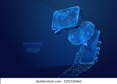 Dialogue clouds on Phone screen in a hand. Abstract Low-poly wireframe vector technology illustration. Starry sky and cosmos style in blue. Device screen and arm palm. Digital concept of messenger.