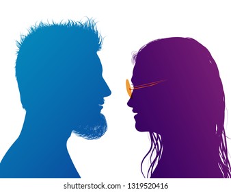 Dialogue and comparison between students. Young people talking. Colored silhouette profiles. Talking crowd.Multiple exposure