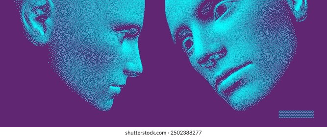 Diálogo, contacto, intercambio conversacional entre dos individuos. Las Personas hablan cara a cara. Ilustración vectorial 3D para publicidad, marketing o presentación. 