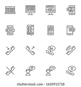 Dialogue conversation line icons set. linear style symbols collection, communication speech outline signs pack. vector graphics. Set includes icons as computer forum, mobile chat, audio message, call