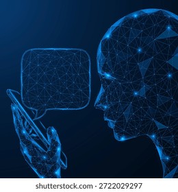 Diálogo con la mente digital. Una inteligencia artificial sostiene un teléfono inteligente con un mensaje en la mano. El concepto de comunicación, intercambio de información e interacción con la tecnología.