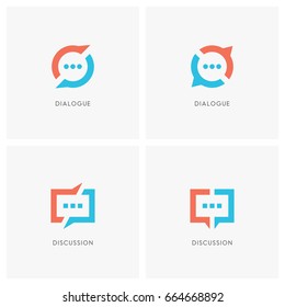 Dialogue And Discussion Logo Set. Split Chat Symbol, Two Speakers Have A Conversation  - Communication, Business And Teamwork Icons.