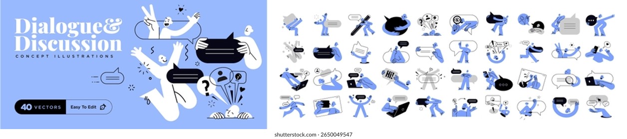 Diálogo e discussão. Conjunto de ilustrações vetoriais de pessoas em várias atividades de comunicação on-line, suporte ao cliente, feedback, bate-papo, rede social.