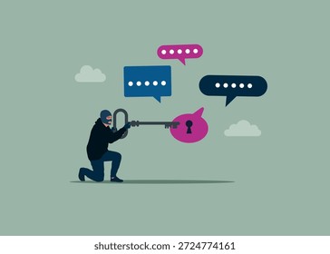Cifrado de diálogo, discusión, conversación, reunión, comunicación en equipo. Robo con llaves y burbujas de discurso. Ilustración vectorial plana