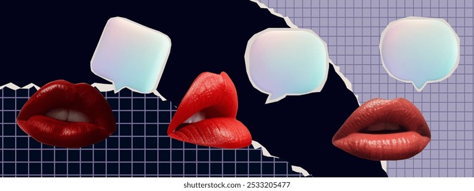 Dialogue form of communication. Speech bubble with female lips. Blank form for conversation and text. Message, notifications, discussion icon for speech. Chat, bubble shape, quote. Vector collage.