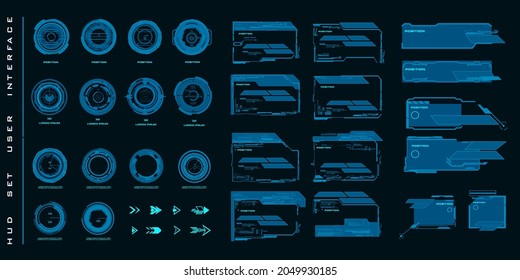Dialogue and game frames with interfaces, options with descriptions and HUD data for video games. Holographic frames and dialog balloons, circles and targets for HUD UI