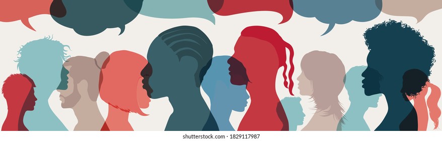 Dialogue group of diverse multiethnic multicultural people. Talking and share ideas. Crowd talking. Communication concept. Silhouette heads diversity people in profile. Speech bubble