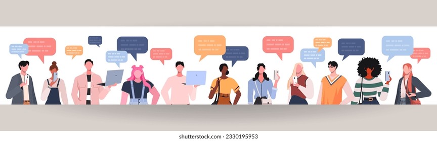 Dialogue group of diverse multiethnic multicultural standing together people talking and discussing work or project. Concept communication, discussing business, news, acquaintance, chat.
