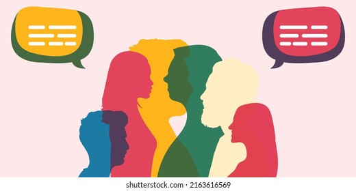 Dialogue group diverse people different cultures and Communication between people. Silhouette profiles. Speech bubble. Crowd talking. Interview