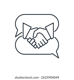 Diálogo com handshake. Discussão da cooperação. Negociações comerciais amigáveis. Ícone linear de vetor isolado no plano de fundo branco.