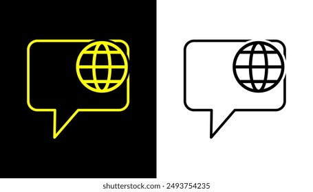 Dialogue icon, globe line icon. Earth globe in quote frame icon.