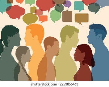 Dialogue and information exchange. Speech bubbles. Share ideas and communicate among multiethnic and multicultural people. Vector Illustration