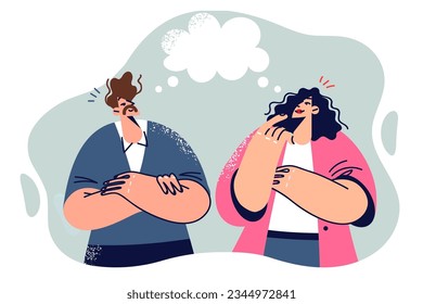 Dialogue of man and woman standing near speech bubble and discussing latest news or work projects. Business partners see dialogue to agree on future development strategy of corporation
