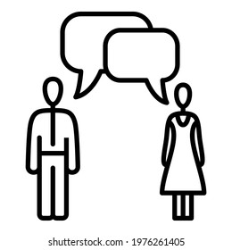 Dialogue of men and women. Discussion of a businessman and businesswoman. Talking husband and wife. Communication in the team, teamwork. A business meeting. Vector icon, outline, isolated.