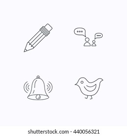 Dialogue, pencil and bird icons. Bell rings linear sign. Flat linear icons on white background. Vector