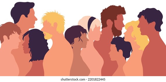 The dialogue of people, the collared cartoon profiles, and the multiple exposures of the crowd.