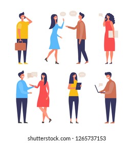 Dialogue people. Communication characters web chat discuss businessman active discussion vector flat pictures