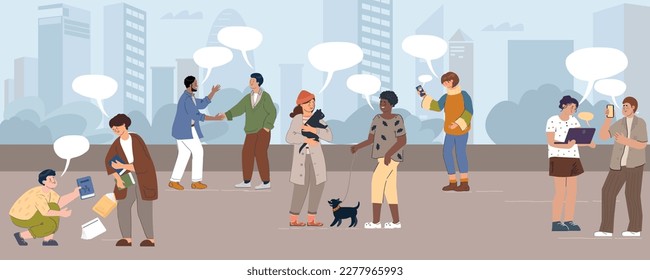 Dialogue people flat composition with outdoor urban scenery and lots of people with empty thought bubbles vector illustration