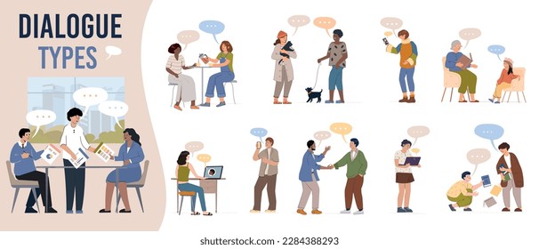 Dialogue people set of isolated compositions with flat icons human characters and thought bubbles for text vector illustration