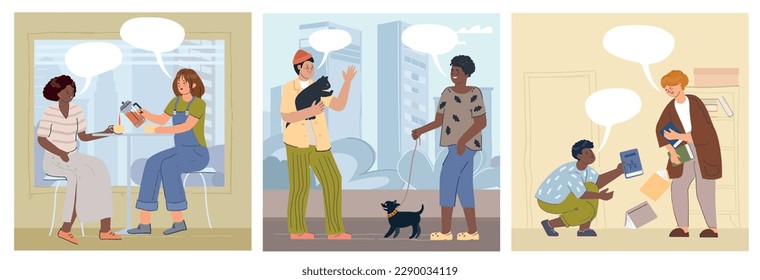 Diálogo personas conjunto de tres composiciones cuadradas con caracteres humanos de estilo doodle y burbujas de pensamiento vacías ilustración vectorial